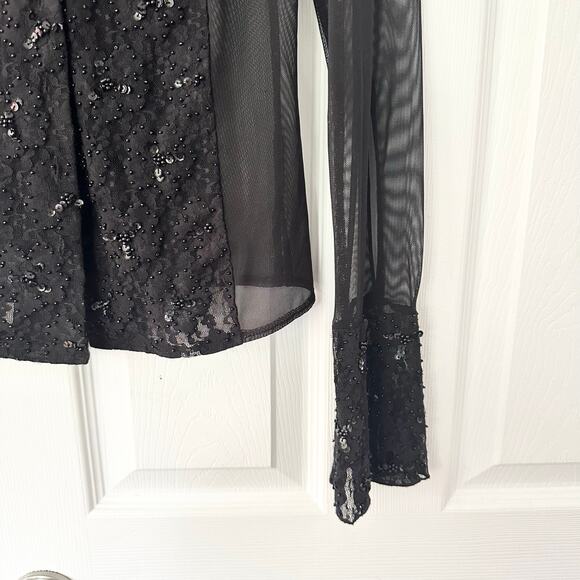 INC Petites Vintage Black Mesh Lace Sequin Trim Collared Buttondown Blouse Small - Picture 6 of 8